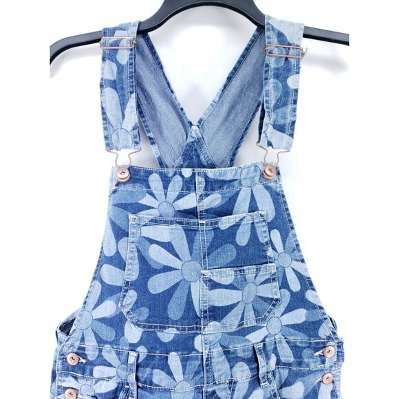 No Boundaries Denim Floral Print Shortalls With Buckle Straps Juniors Medium - Picture 8 of 11